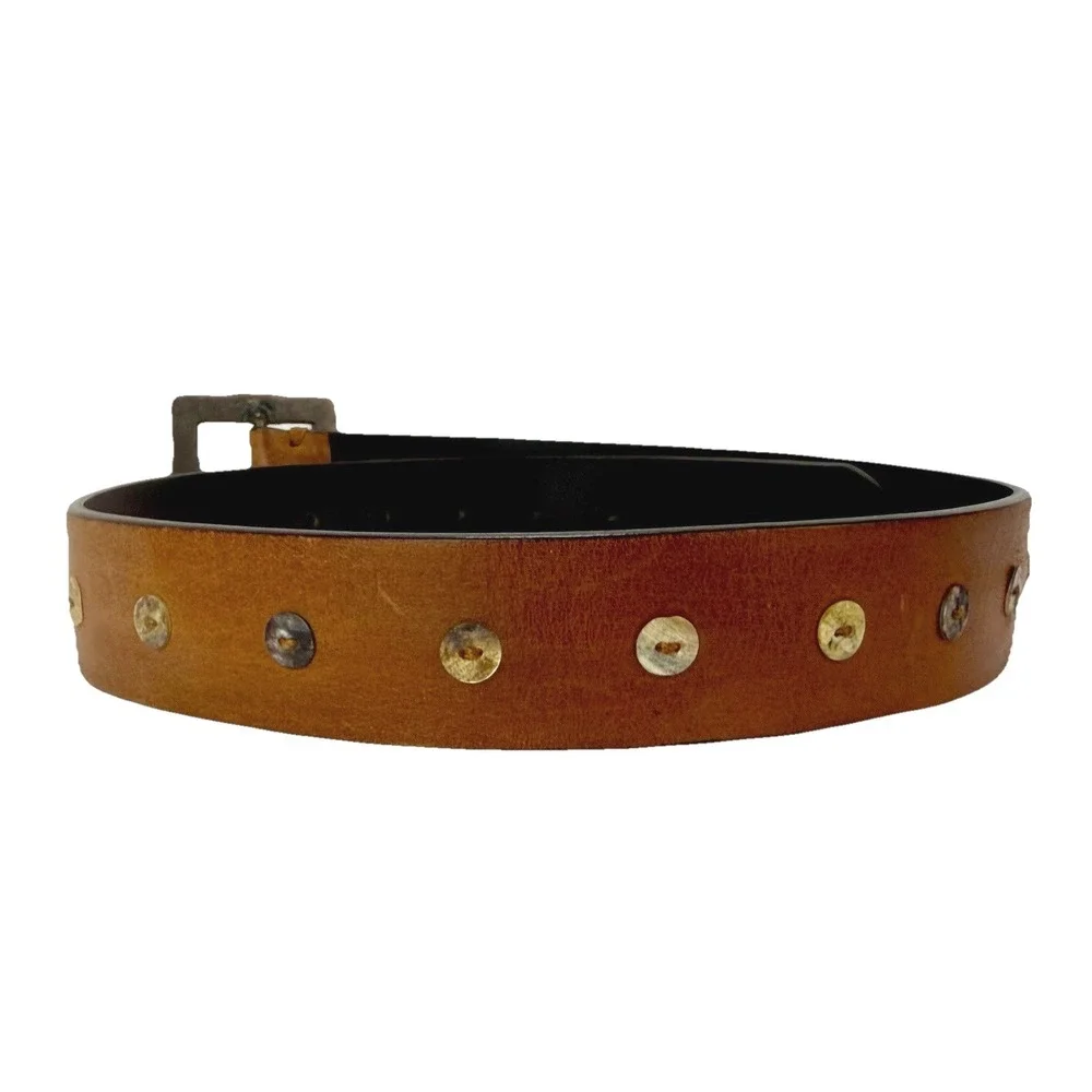 Genuine Leather Brown Belt Small Square Buckle Conch Shell Boho Western‎ Revival